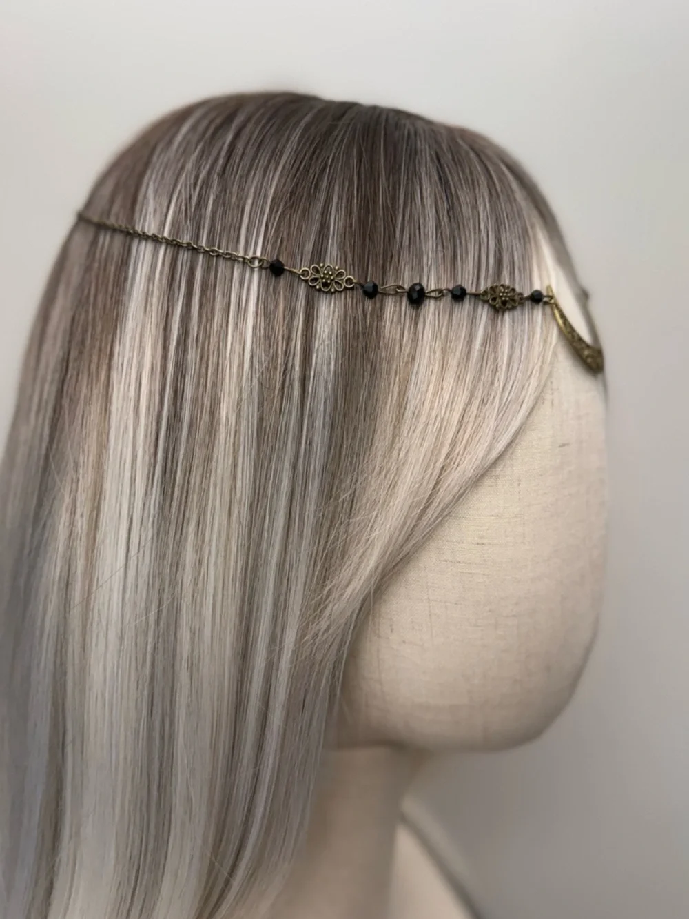 Bronze Crescent Moon Headpiece Women Boho Head Chain Black Beaded Hair Jewelry